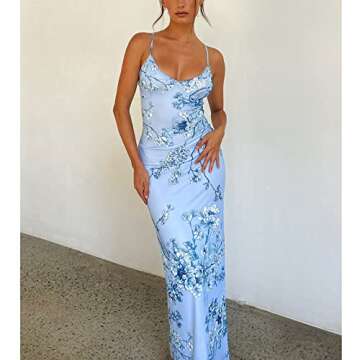 Women Sleeveless Maxi Dress Backless Bodycon Floral Printed Spaghetti Strap Long Dress Vintage Clubwear Summer(A-Blue, M)