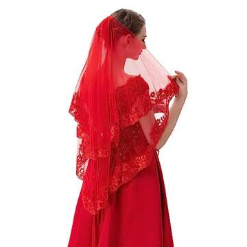 PAMOR 2 Tier Lace Veil Cathedral Tulle Sheer Wedding Halloween Party Costume Veil for Bride With Com...