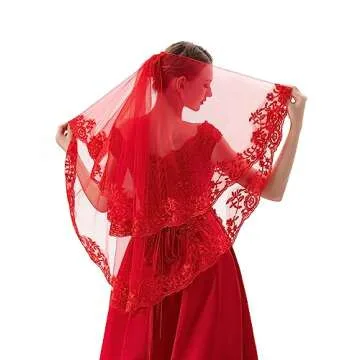 PAMOR 2 Tier Lace Veil Cathedral Tulle Sheer Wedding Halloween Party Costume Veil for Bride With Comb (Short, Lace Trim, Red)