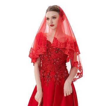 PAMOR 2 Tier Lace Veil Cathedral Tulle Sheer Wedding Halloween Party Costume Veil for Bride With Comb (Short, Lace Trim, Red)