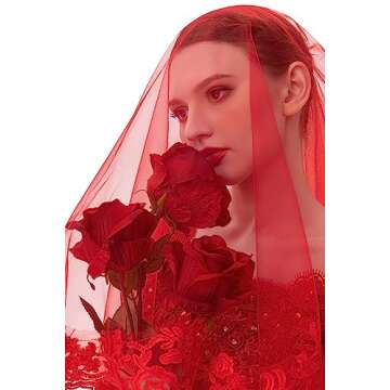PAMOR 2 Tier Lace Veil Cathedral Tulle Sheer Wedding Halloween Party Costume Veil for Bride With Comb (Short, Lace Trim, Red)
