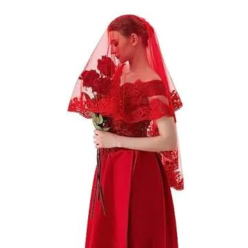 PAMOR 2 Tier Lace Veil Cathedral Tulle Sheer Wedding Halloween Party Costume Veil for Bride With Comb (Short, Lace Trim, Red)