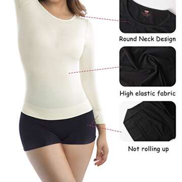 +MD Women's Compression Slimming Shirt 3/4 Long Sleeve Undershirts Round-Neck Basic Shapewear Tops IvoryS