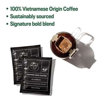 Copper Cow Premium Pour Over Single-Serve Vietnamese Coffee | Classic Black Lattes | Includes 8 Coffees & 8 Milk Creamers