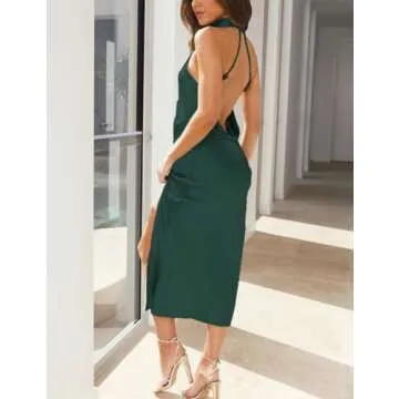 Satin Halter Backless Silt Midi Dress for Women 2024 Elegant Formal High Neck Cowl Back Silk Wedding Guest Sexy Dresses Dark Green