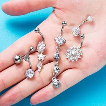 NASAMA 6PCS 14G Stainless Steel Dangle Belly Button Rings for Women Belly Piercing CZ Inlaid (Style 6pcs)