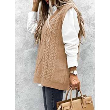 NALANISA Women V Neck Sleeveless Oversized Sweater Vest Casual Loose Cable Knit Sweaters Tank Pullover Fall Winter Outfits(Z-Khaki, X-Large)
