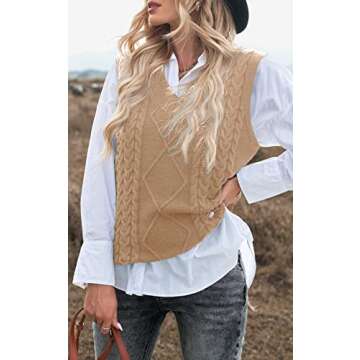 NALANISA Women V Neck Sleeveless Oversized Sweater Vest Casual Loose Cable Knit Sweaters Tank Pullover Fall Winter Outfits(Z-Khaki, X-Large)