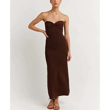 Sdencin Women Sexy Twist Knot Front Ribbed Knit Bodycon Bandeau Tube Dress Casual Solid Strapless Maxi Long Dress (L US Women, Brown)