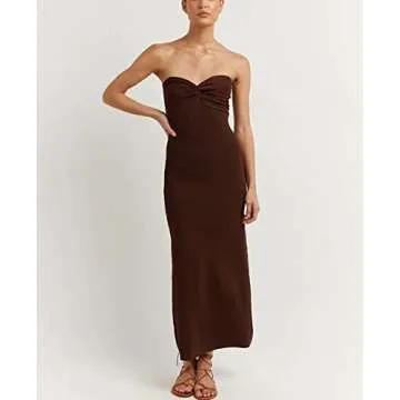 Sdencin Women Sexy Twist Knot Front Ribbed Knit Bodycon Bandeau Tube Dress Casual Solid Strapless Maxi Long Dress (L US Women, Brown)