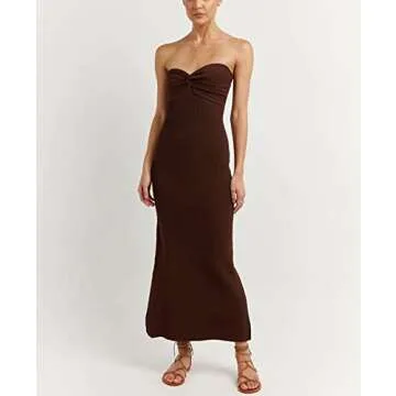 Sdencin Women Sexy Twist Knot Front Ribbed Knit Bodycon Bandeau Tube Dress Casual Solid Strapless Maxi Long Dress (L US Women, Brown)