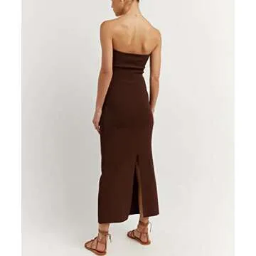 Sdencin Women Sexy Twist Knot Front Ribbed Knit Bodycon Bandeau Tube Dress Casual Solid Strapless Maxi Long Dress (L US Women, Brown)