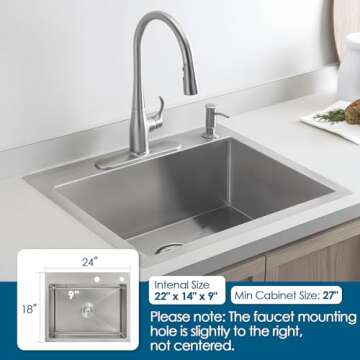 ROVOGO 24 inch Kitchen Sink Drop in, 304 Stainless Steel Single Bowl Kitchen Sink Top Mount, 9 inch Deep Modern Sink for Kitchen, Brushed, 24"x18"x9"