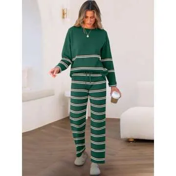 Caracilia Women's 2 Piece Outfits Sweater Sets Striped Oversized Sweaters Knit Wide Leg Pant Lounge Set 2024 Fall Outfits Green M