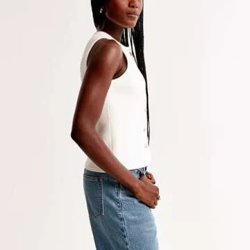 Knit Vest Top for Women Vintage Button Down Crew Neck Sleeveless Knit Vest Tank Top Casual Summer Vest Top(White,L)