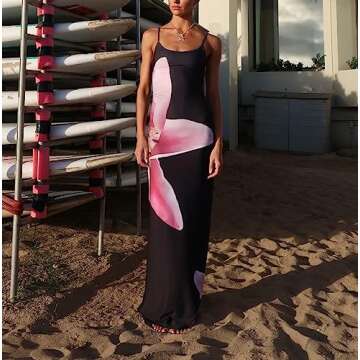 KMBANGI Women Floral Slip Dress Spaghetti Strap Flowers Printed Maxi Dresses Backless Y2k Bodycon Slim Boho Long Sundress(Black Lily,S)