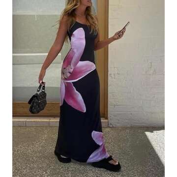 KMBANGI Women Floral Slip Dress Spaghetti Strap Flowers Printed Maxi Dresses Backless Y2k Bodycon Slim Boho Long Sundress(Black Lily,S)
