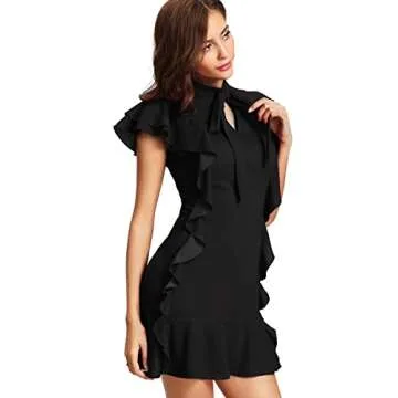 Floerns Women's Tie Neck Short Sleeve Ruffle Hem Cocktail Party Dress Black M