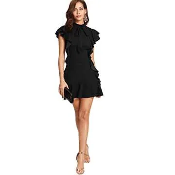 Floerns Women's Tie Neck Short Sleeve Ruffle Hem Cocktail Party Dress Black M
