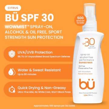 Bu SPF 30 Ultrafine WOWmist Sunscreen Spray - Clear, Non Greasy, Non Toxic, Non Comedogenic. Sweat & Water-Resistant. Travel, Sport, Sensitive Skin (Natural Citrus, 3.3 oz)