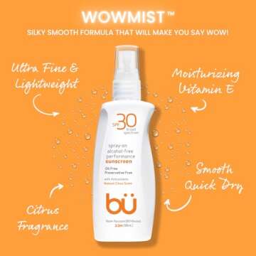 Bu SPF 30 Ultrafine WOWmist Sunscreen Spray - Clear, Non Greasy, Non Toxic, Non Comedogenic. Sweat & Water-Resistant. Travel, Sport, Sensitive Skin (Natural Citrus, 3.3 oz)