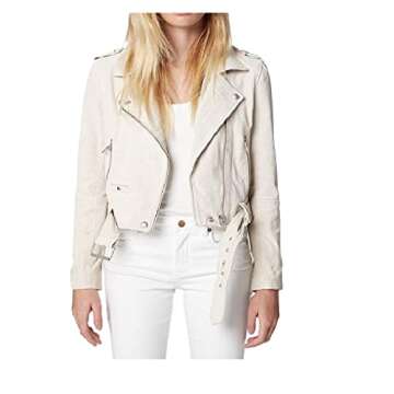 [BLANKNYC] Womens Luxury Clothing Cropped Suede Leather Motorcycle Jackets, Comfortable & Stylish Coats, White Sand, Small US