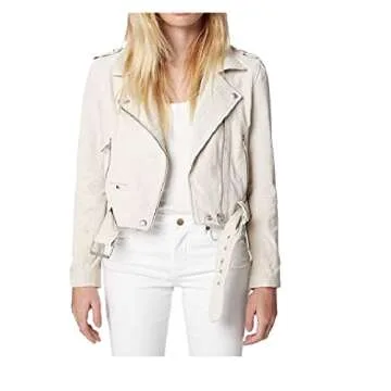 [BLANKNYC] Womens Luxury Clothing Cropped Suede Leather Motorcycle Jackets, Comfortable & Stylish Coats, White Sand, Small US