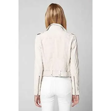 [BLANKNYC] Womens Luxury Clothing Cropped Suede Leather Motorcycle Jackets, Comfortable & Stylish Coats, White Sand, Small US