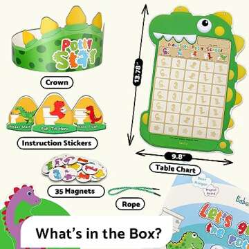 Potty Training Chart for Toddlers Boys & Girls - A Dinosaur Potty Chart with 35 Reusable Magnetic Dinosaur & Star Stickers for Kids Potty Training Reward, 3 Instruction Steps & Crown (Dinosaurs Theme)