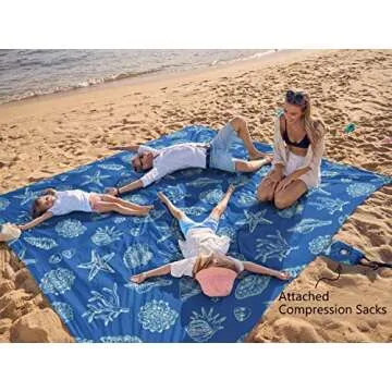 WEKAPO Beach Blanket Waterproof Sandproof Oversized, Extra Large Beach Mat Sand Free, Lightweight & Compact Sand Free Mat with 6 Stakes & 4 Corner Pockets (Blue Sea Shells, 8 x 7 FT (1～4 Person))