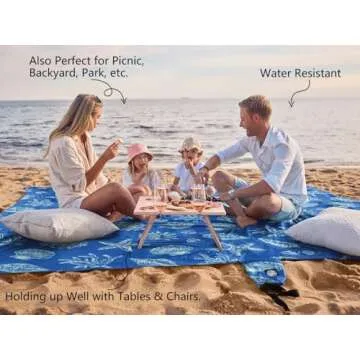 WEKAPO Beach Blanket Waterproof Sandproof Oversized, Extra Large Beach Mat Sand Free, Lightweight & Compact Sand Free Mat with 6 Stakes & 4 Corner Pockets (Blue Sea Shells, 8 x 7 FT (1～4 Person))