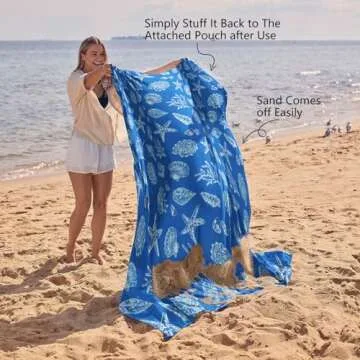WEKAPO Beach Blanket Waterproof Sandproof Oversized, Extra Large Beach Mat Sand Free, Lightweight & Compact Sand Free Mat with 6 Stakes & 4 Corner Pockets (Blue Sea Shells, 8 x 7 FT (1～4 Person))