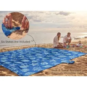 WEKAPO Beach Blanket Waterproof Sandproof Oversized, Extra Large Beach Mat Sand Free, Lightweight & Compact Sand Free Mat with 6 Stakes & 4 Corner Pockets (Blue Sea Shells, 8 x 7 FT (1～4 Person))