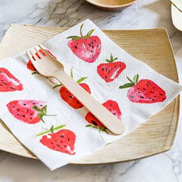 13 Inch Paper Luncheon Napkins, 20 Strawberry Design Printed Napkins - 3-Ply, Textured Edges, White Paper Decorated Napkins, Soft And Strong, For Parties Or Catering Events - Restaurantware