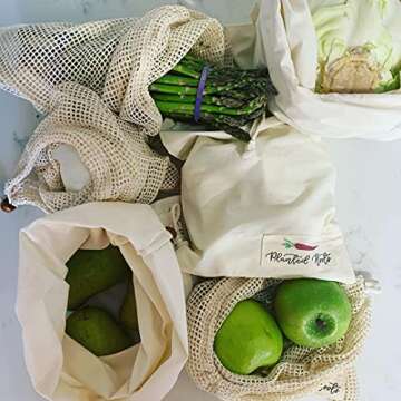 Planted Roots Reusable Produce Grocery Bags 100% Organic Cotton 10 Pack 5 MESH and 5 MUSLIN Eco Frie...