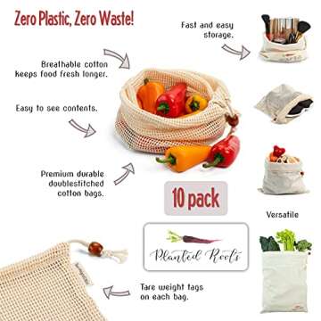 Planted Roots Reusable Produce Grocery Bags 100% Organic Cotton 10 Pack 5 MESH and 5 MUSLIN Eco Friendly Zero Waste Zero Plastic Tare Weight Tag Double Stitched Bulk Food and Veggie Storage