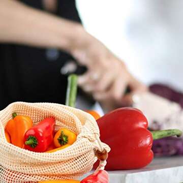 Planted Roots Reusable Produce Grocery Bags 100% Organic Cotton 10 Pack 5 MESH and 5 MUSLIN Eco Friendly Zero Waste Zero Plastic Tare Weight Tag Double Stitched Bulk Food and Veggie Storage