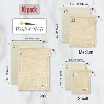 Planted Roots Reusable Produce Grocery Bags 100% Organic Cotton 10 Pack 5 MESH and 5 MUSLIN Eco Friendly Zero Waste Zero Plastic Tare Weight Tag Double Stitched Bulk Food and Veggie Storage