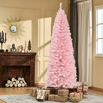 HOMCOM 7ft Douglas Fir Pencil Christmas Tree, Slim Artificial Christmas Tree with 818 Branch Tips and Metal Stand, Skinny Hinged Xmas Tree for Home Party Holiday Decoration, Pink