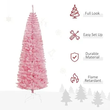 HOMCOM 7ft Douglas Fir Pencil Christmas Tree, Slim Artificial Christmas Tree with 818 Branch Tips and Metal Stand, Skinny Hinged Xmas Tree for Home Party Holiday Decoration, Pink
