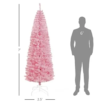 HOMCOM 7ft Douglas Fir Pencil Christmas Tree, Slim Artificial Christmas Tree with 818 Branch Tips and Metal Stand, Skinny Hinged Xmas Tree for Home Party Holiday Decoration, Pink