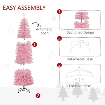 HOMCOM 7ft Douglas Fir Pencil Christmas Tree, Slim Artificial Christmas Tree with 818 Branch Tips and Metal Stand, Skinny Hinged Xmas Tree for Home Party Holiday Decoration, Pink
