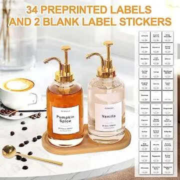 Coffee Syrup Dispenser for Coffee Bar, 16.9oz 500ml Glass Syrup Dispenser w Golden Coffee Scoop, Coffee Syrup Pump Dispenser w 36 Labels and Bamboo Tray, Coffee Syrup Bottles with Golden Pump, 2PCS