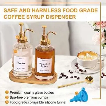 Coffee Syrup Dispenser for Coffee Bar, 16.9oz 500ml Glass Syrup Dispenser w Golden Coffee Scoop, Coffee Syrup Pump Dispenser w 36 Labels and Bamboo Tray, Coffee Syrup Bottles with Golden Pump, 2PCS
