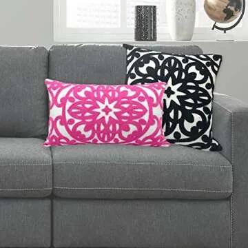 Alysheer Embroidered Lumbar Decorative Throw Pillow Cover 12"x 20", Classic Boho Mandala Embroidery Pattern Cotton Rectangular Cushion Case for Sofa Couch Living Room Bedroom(Bright Hot Pink)