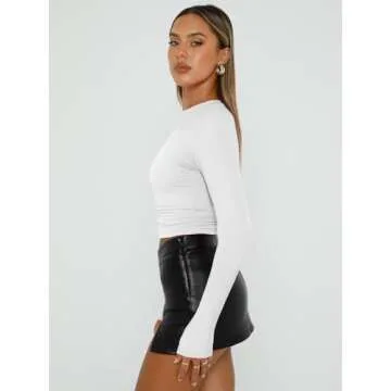 Trendy Queen Womens Long Sleeve Shirts Basic Tees Crop Tops Going Out Spring 2025 Workout Outfits Y2k Clothes White 2XS