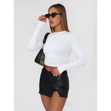 Trendy Queen Womens Long Sleeve Shirts Basic Tees Crop Tops Going Out Spring 2025 Workout Outfits Y2k Clothes White 2XS