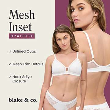 BLAKE & CO. Mesh Inset Bralette – Unlined Bra with Adjustable Straps, Nylon Spandex Wireless Bra, Mesh Bralette - White Bra, Eggnog Ivory, Small
