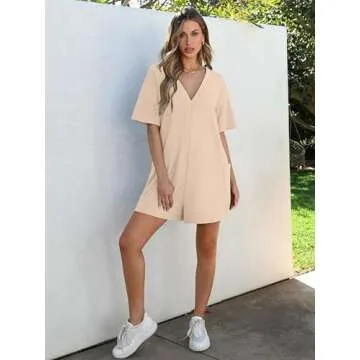 ANRABESS Women Summer Oversized T-Shirt Tee Romper Casual Baggy Short Sleeve Overall Athletic Workout Jumpsuit Trendy Outfits Apricot Small