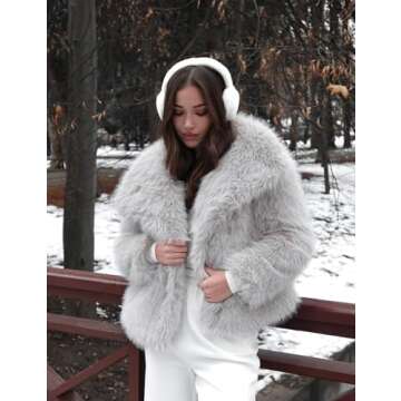 Flygo Women's Faux Fur Coat Fluffy Faux Fur Jacket Long Sleeve Lapel Furry Winter Jackets Shaggy Parka Short Coat(LightGrey-XL)
